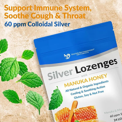 Silver Lozenges with Organic Manuka Honey and Vitamin C - All-Natural Nano Silver 45-50mcg of 60 PPM Colloidal Silver Mineral Drops to Support Immune System, Soothe, Cool Cough & Throat, 24-Lozenges