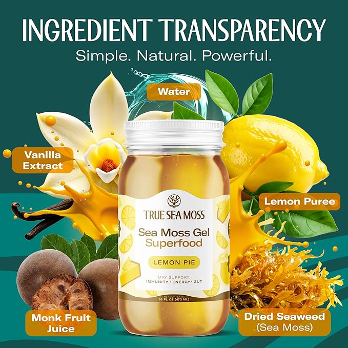 TrueSeaMoss Sea Moss Gel – Made in USA – Wildcrafted Seamoss, Fresh Fruits & Sea Vegetables – Lemon Pie, Pack of 1 (Labels may Vary)