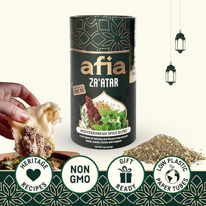 Afia Za'atar Spice Blend | Authentic Mediterranean Seasoning with Sumac, Toasted Sesame & Herbs | Perfect for Dips, Marinades, Flatbreads & More | Non-GMO, No Fillers, No Preservatives (2.2oz)