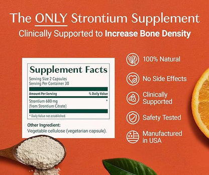 AlgaeCal - Strontium Boost, Natural Calcium Supplement for Bone Density Increase, Strontium Citrate 680 mg, Easy to Swallow for Bone Health & Bone Strength, Gluten-Free - 60 Veggie Caps- Made in USA