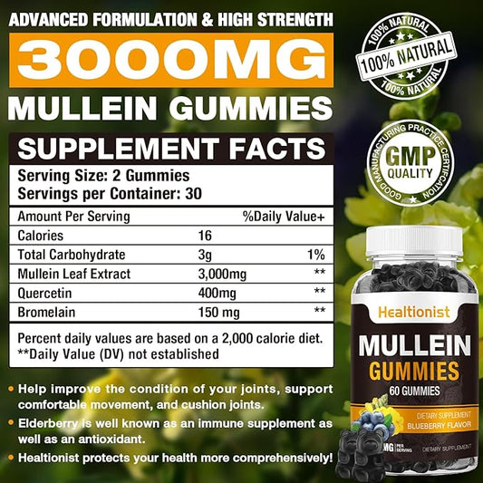 1 Pack Sugar Free Mullein Gummies - Lung Cleanse, 3000MG Mullein Supplement for Respiratory, Organic Mullein Drops Gummy with Quercetin & Bromelain for Lung, Digestive Health & Immune 90Ct