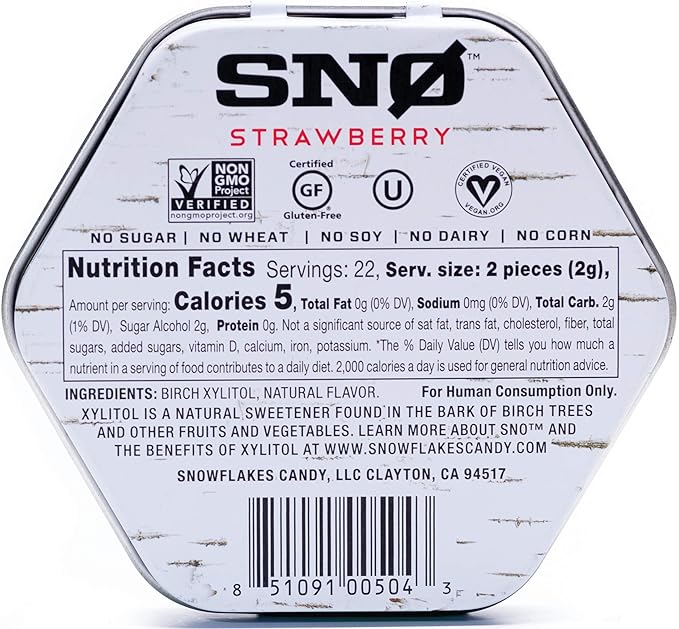 Strawberry KETO Xylitol Candy Chips (3-Pack) - SNØ 1.5oz Tin - Sugar-Free Candy With Only 2 Ingredients | Low Carbs, Diabetic-Friendly, Non-GMO, Vegan, GF & Kosher | Purest candy in the world