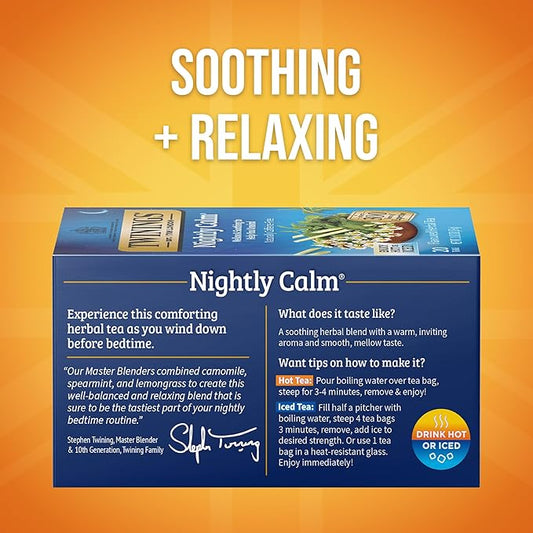 Twinings Nightly Calm Herbal Tea Individually Wrapped Bags, 20 Count (Pack of 6), Spearmint & Lemongrass, Naturally Caffeine-Free, Enjoy Hot or Iced, 120 Teabags