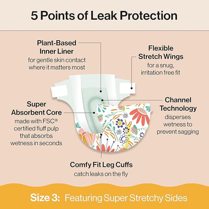 The Honest Company Clean Conscious Diapers for Delicate Skin | Up to 100% Leakproof | Hypoallergenic, Fragrance Free | Girl Prints | Club Box, Size 3 (16-28 lbs), 62 Count (Prints May Vary)