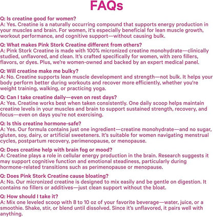 Pink Stork 5g Micronized Creatine Monohydrate Powder for Women - Support Muscles, Cellular Energy, Cognitive Function - Essential Amino Acid - Clean Alternative to Pills or Gummies - 30 Servings