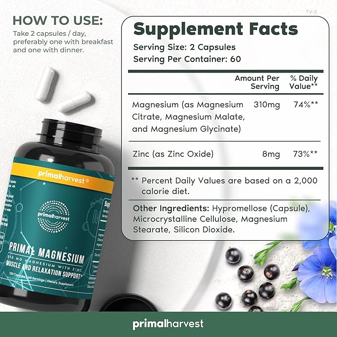 Primal Harvest Magnesium Supplement Complex 310mg by Primal Harvest with Magnesium Glycinate, Citrate, Malate, and Zinc 2 Pack, 120 Capsules