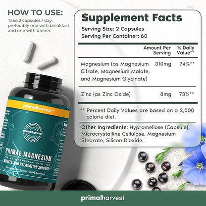 Primal Harvest Magnesium Supplement Complex 310mg by Primal Harvest with Magnesium Glycinate, Citrate, Malate, and Zinc 2 Pack, 120 Capsules