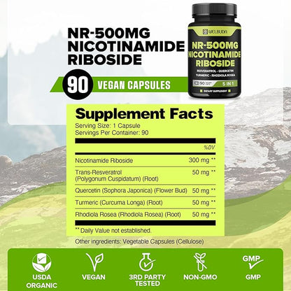 5in1+ Nicotinamide Riboside Supplement with Resveratrol, Quercetin, Turmeric, Rhodiola Rosea - 90 Count for 90 Days