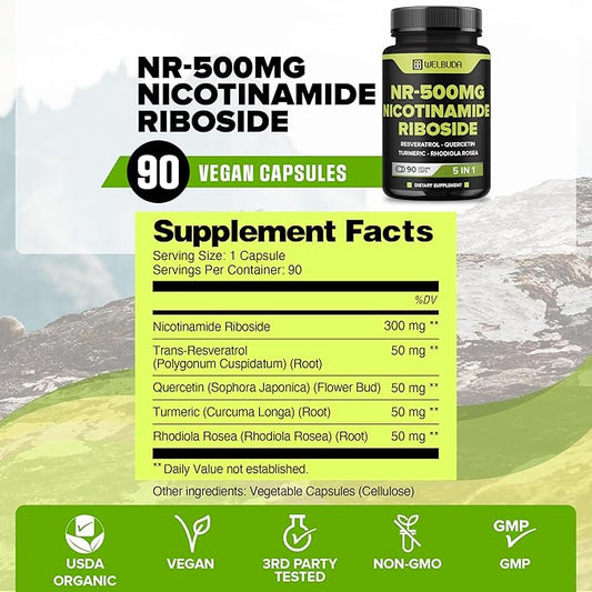 5in1+ Nicotinamide Riboside Supplement with Resveratrol, Quercetin, Turmeric, Rhodiola Rosea - 90 Count for 90 Days