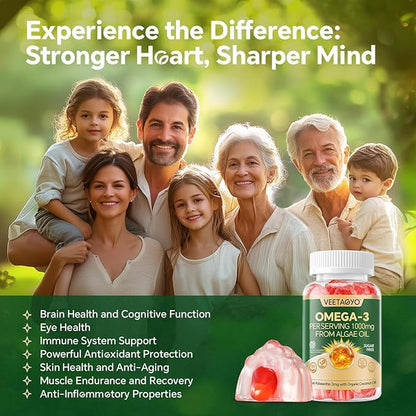 Vegan Omega 3 Gummies 1200mg - Dual Layer - Fish Oil Alternative, Marine Algae Omega 3 Supplement DHA 600mg, EPA 400mg with Astaxanthin,Sugar Free,60 Cts