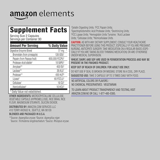 Amazon Elements Digestive Enzyme Complex Capsule, Supports Healthy Digestion, 180 count capsules, 90 Servings (Previously Revly)