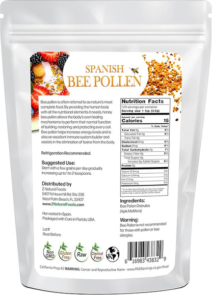 Z Natural Foods Spanish Bee Pollen Granules - Pure & Raw Pollen Granule, Product of Spain - Nutrient-Dense for Energy & Immune Support - Aromatic Sweet Flavor, Sprinkle on Salads & Smoothies, 1lb