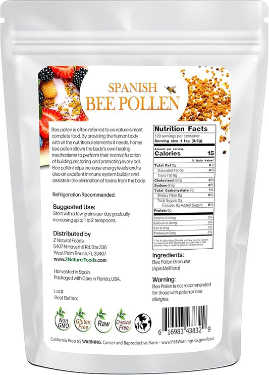 Z Natural Foods Spanish Bee Pollen Granules - Pure & Raw Pollen Granule, Product of Spain - Nutrient-Dense for Energy & Immune Support - Aromatic Sweet Flavor, Sprinkle on Salads & Smoothies, 1lb