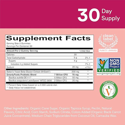 SmartyPants Adult Probiotic & Prebiotic Gummies for Digestive Health: Gut Health Supplement, Clinically Studied Prebiotic for Immune Support, Strawberry, 60 Count (30 Day Supply)
