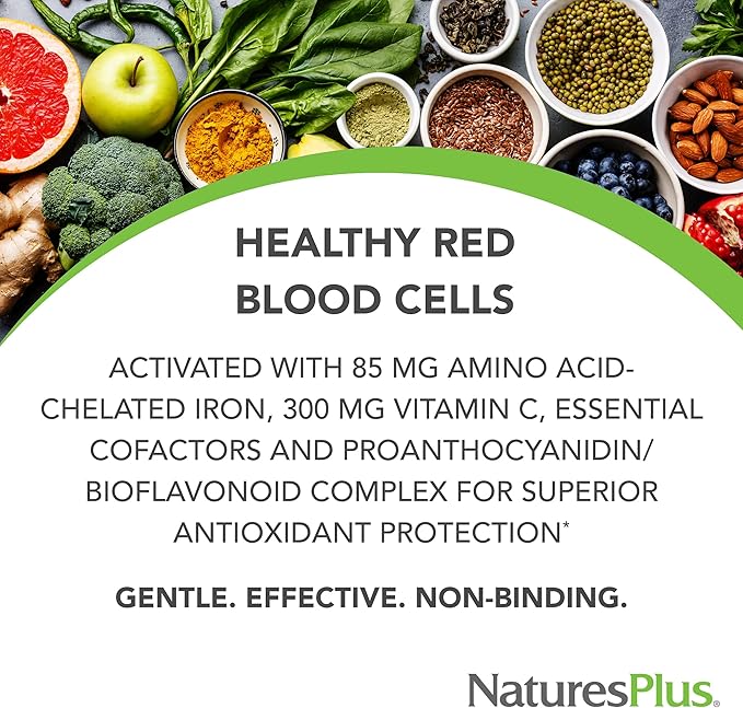 Natures Plus Hema-Plex Iron - 10 Slow-Release Tablets - 85 mg Chelated Iron - Total Blood Health - with Vitamin C & Bioflavonoids - Vegan, Gluten Free - 10 Servings