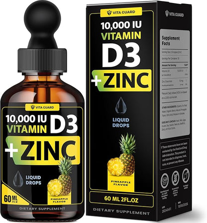 Vitamin D3 Drops with Zinc – 10,000 IU D3 & 15 mg Zinc Liquid Supplement – Immune Support for Men & Women – Sugar-Free Pineapple Flavor – 30-Day Supply