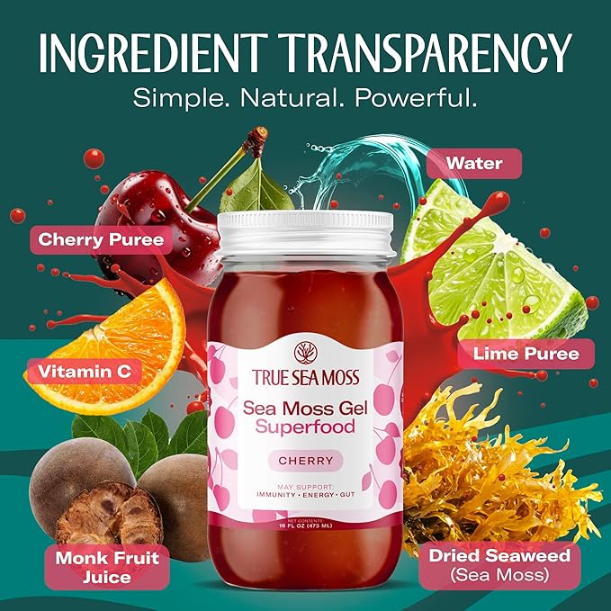 TrueSeaMoss Sea Moss Gel – Made in USA – Wildcrafted Seamoss, Fresh Fruits & Sea Vegetables – Cherry, Pack of 1 (Labels may Vary)