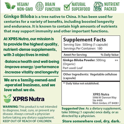 XPRS Nutra Ginkgo Biloba Capsules - Gingko Biloba Encapsulated Supplements for Cognition - Vegan Friendly Ginkoba Biloba - Immunity Boosting Ginkgo Biloba Capsules - 180 Count