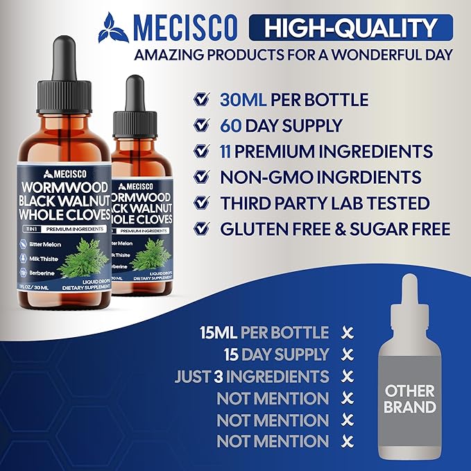 Wormwood Liquid Drops. Combined to Black Walnut, Whole Cloves, Berberine, Milk Thislte, Bitter Melon and 5 More Herbs. 11-in-1 Wormwood Liquid Drops - 60 Days Supply