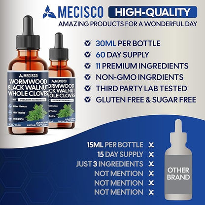 Wormwood Liquid Drops. Combined to Black Walnut, Whole Cloves, Berberine, Milk Thislte, Bitter Melon and 5 More Herbs. 11-in-1 Wormwood Liquid Drops - 60 Days Supply
