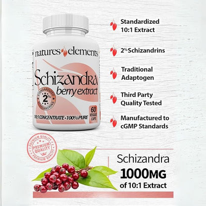 Natures Elements Schizandra Berry Extract – 10:1 Standardized Extract with 2% Schizandrins – 1000mg Per Serving – 60 Veggie Capsules – Non-GMO, Gluten-Free – Traditional Chinese Herb