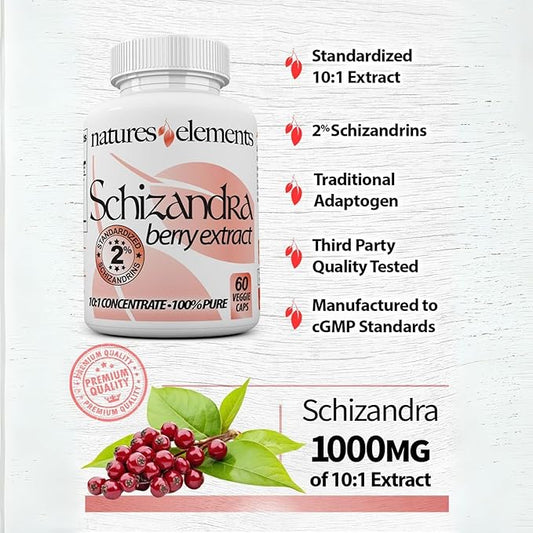 Natures Elements Schizandra Berry Extract – 10:1 Standardized Extract with 2% Schizandrins – 1000mg Per Serving – 60 Veggie Capsules – Non-GMO, Gluten-Free – Traditional Chinese Herb