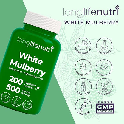 White Mulberry Leaf Extract 500mg - Sourced from Morus Alba Leaf, 200 Vegetarian Capsules, Supplement for Natural Balance and Wellness, 200-Day Supply, GMP Certified, Made in USA