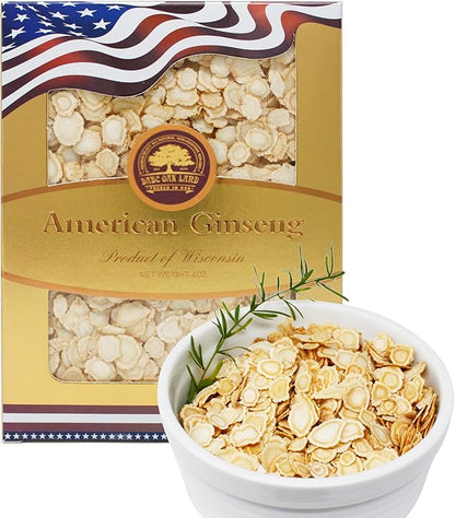 American Ginseng Slices from Wisconsin, DOL American Wisconsin Ginseng Slices Root for Tea, Energy for Men Women Mental Health Boosts Immunity, Gluten Free, 花旗參/西洋參 Small Round 1 Box of 4 Ounces