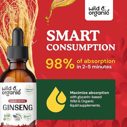 Wild & Organic Korean Red Ginseng Extract Drops - Panax Ginseng Supplement for Immune Support - Liquid Root Tincture for Overall Well-Being - Vegan, Sugar & Alcohol-Free - 2 fl oz