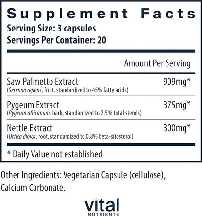 Vital Nutrients Saw Palmetto with Pygeum & Nettle Root - Vegan Saw Palmetto for Men Supports Healthy Prostate Function* - Gluten, Dairy, Soy Free - 60 Capsules