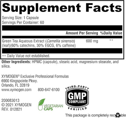 XYMOGEN Green Tea 600 - Ultra Pure Green Tea Extract Capsules - Immune Support Supplement - Supports Heart Health + Brain Health - Gluten Free, Vegan, Non GMO (60 Capsules)