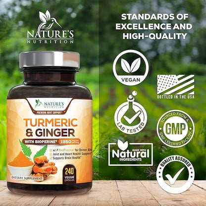 Turmeric Curcumin Supplement 1950mg - 95% Curcuminoids with Organic Turmeric & Ginger, BioPerine Black Pepper for Best Absorption, Nature's Vegan Joint Support, Non-GMO, Bottled in USA - 240 Capsules