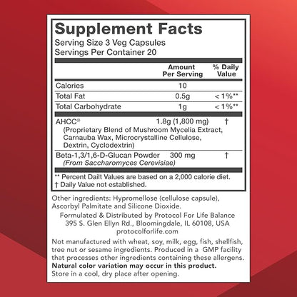 Protocol AHCC 600 mg - Liver & Immune Support Supplement with Beta-Glucan* - May Aid Cellular Health & Stress* - Vegan, Dairy Free & Nut Free - 60 Veg Caps