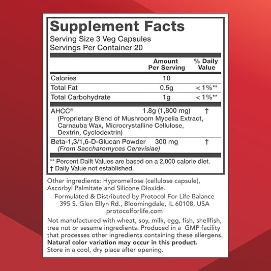 Protocol AHCC 600 mg - Liver & Immune Support Supplement with Beta-Glucan* - May Aid Cellular Health & Stress* - Vegan, Dairy Free & Nut Free - 60 Veg Caps