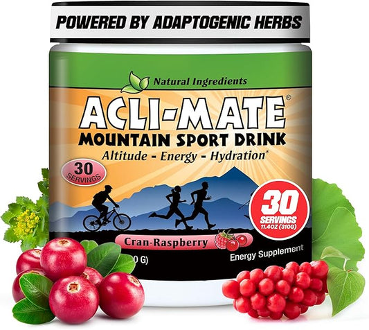 Acli-Mate Mountain Sport Drink Mix - Energy Powder Supplement - High Altitude Acclimatization Hydration - Recovery Drink for Running, Cycling, Hiking, Workout, Travel & More - 1 Tub (CranRaspeberry)