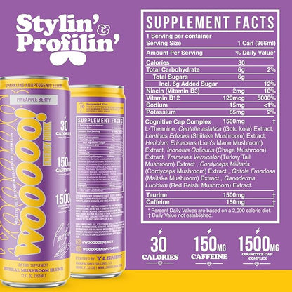 Wooooo! Energy Ric Flair Sparkling Adaptogenic Mushroom Energy Drink | Natural Antioxidants & Nootropics | Lion’s Mane & Cordyceps | 150mg Caffeine | 12 Pack (Pineapple Berry)