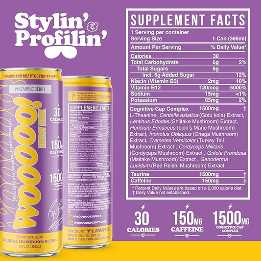 Wooooo! Energy Ric Flair Sparkling Adaptogenic Mushroom Energy Drink | Natural Antioxidants & Nootropics | Lion’s Mane & Cordyceps | 150mg Caffeine | 12 Pack (Pineapple Berry)