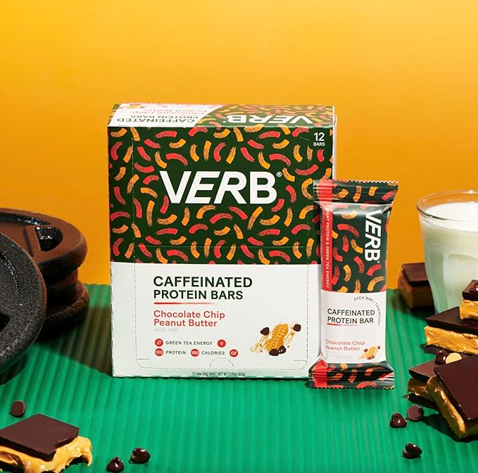 Verb Energy - Caffeinated Protein Bars Chocolate Chip Peanut Butter 10g Plant Based Protein Bars High Protein - Vegan Snack - Gluten Free Breakfast Snack with Organic Green Tea, 51g (Pack of 12)