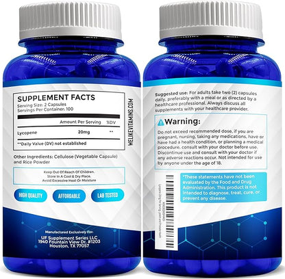 We Like Vitamins Lycopene Supplements for Men & Women - Lycopene 20mg Per Serving - 200 Capsules - Super Antioxidant which Helps Support Immune System and Prostate Health