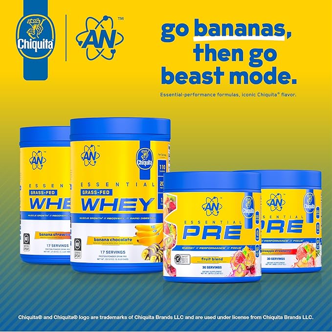 AN Essentials Pre-Workout Powder Supplement for Men & Women | Energy Mix with 200mg Caffeine, Beta Alanine, Citrulline, & Creatine | Chiquita Pineapple Strawberry | 30 Servings