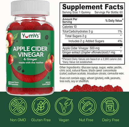 YUM-V'S Apple Cider Vinegar Gummies – ACV Gummies with Ginger & The Mother – Supports Metabolism, Vitality & Daily Wellness – Natural Apple Flavor Vegan, Non-GMO, Gluten-Free, Cider Gummy – 60 Count