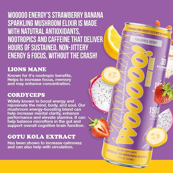 Wooooo! Energy Ric Flair Sparkling Adaptogenic Mushroom Energy Drink | Natural Antioxidants & Nootropics | Lion’s Mane & Cordyceps | 150mg Caffeine | 12 Pack (Pineapple Berry)