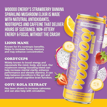 Wooooo! Energy Ric Flair Sparkling Adaptogenic Mushroom Energy Drink | Natural Antioxidants & Nootropics | Lion’s Mane & Cordyceps | 150mg Caffeine | 12 Pack (Pineapple Berry)
