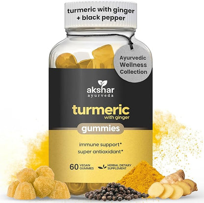 Akshar Ayurveda - Turmeric with Ginger Gummies - Immune Support Turmeric Curcumin Supplements with Ginger Root and Piperine Black Pepper Super Antioxidant - Vegan Cruelty-Free (60 Vegan Gummies)