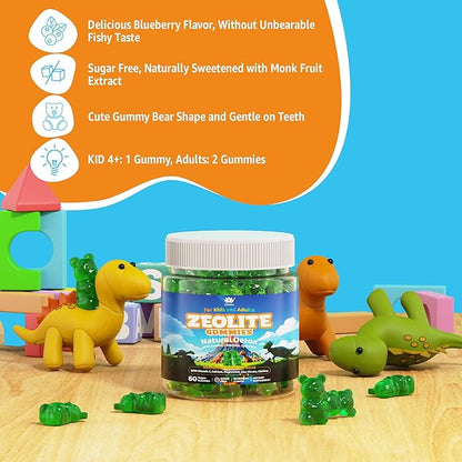 Zeolite Gummies for Kids & Adults, Sugar Free Zeolite Detox Supplements w/ Chlorella, Spirulina, Minerals, Choline - Gentle Body Detox & Cleanse, Gut Health, Immune, Focus, Energy, Bone, Vegan, 60cts