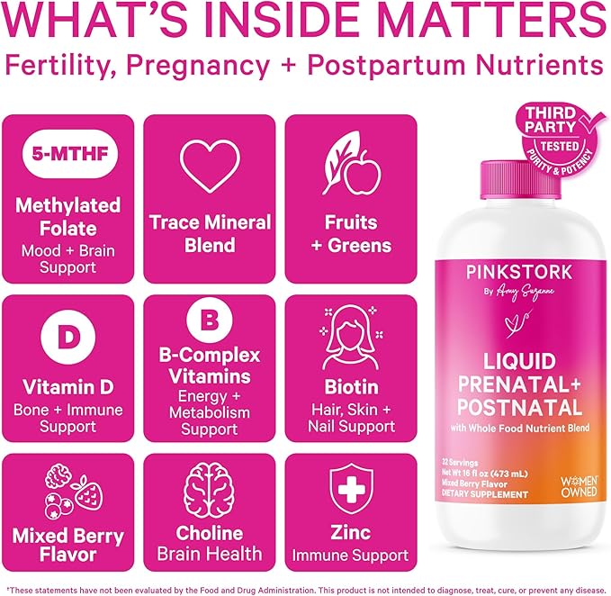 Pink Stork Liquid Prenatal Vitamins for Women - Berry Flavor - Organic Food Blend - for Fertility, Pregnancy, Postpartum- Morning Sickness Support - Breastfeeding and Lactation - 32 Servings