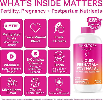 Pink Stork Liquid Prenatal Vitamins for Women - Berry Flavor - Organic Food Blend - for Fertility, Pregnancy, Postpartum- Morning Sickness Support - Breastfeeding and Lactation - 32 Servings