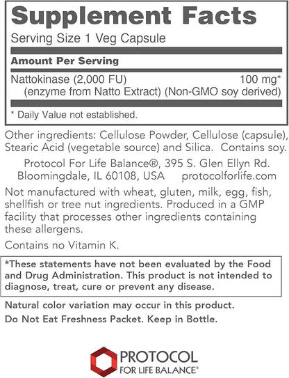 Protocol Nattokinase - 100mg Nattokinase Supplement - for Heart Health & Blood Circulation* - Kosher & Dairy Free - 60 Veg Caps