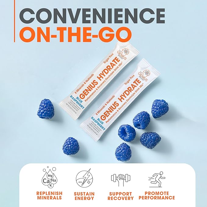 The Genius Brand - Genius Hydrate Stick Pack Powder Drink Mix – Blue Raspberry Flavor, Natural Electrolyte Booster with Coconut Water & Potassium for Ultimate Hydration - 20 Packets