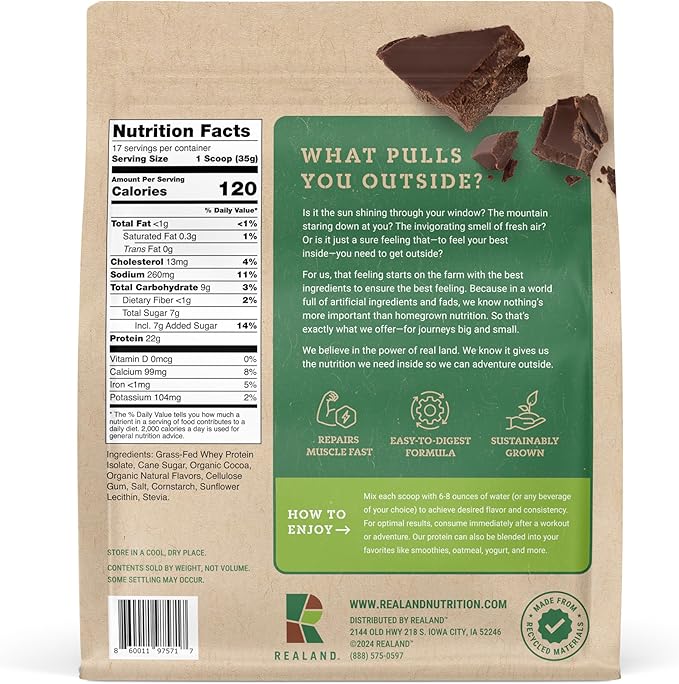 Whey Protein Isolate - Grass-Fed Protein Powder for Recovery - 22g of Protein - 17 Servings (One Size, Chocolate)